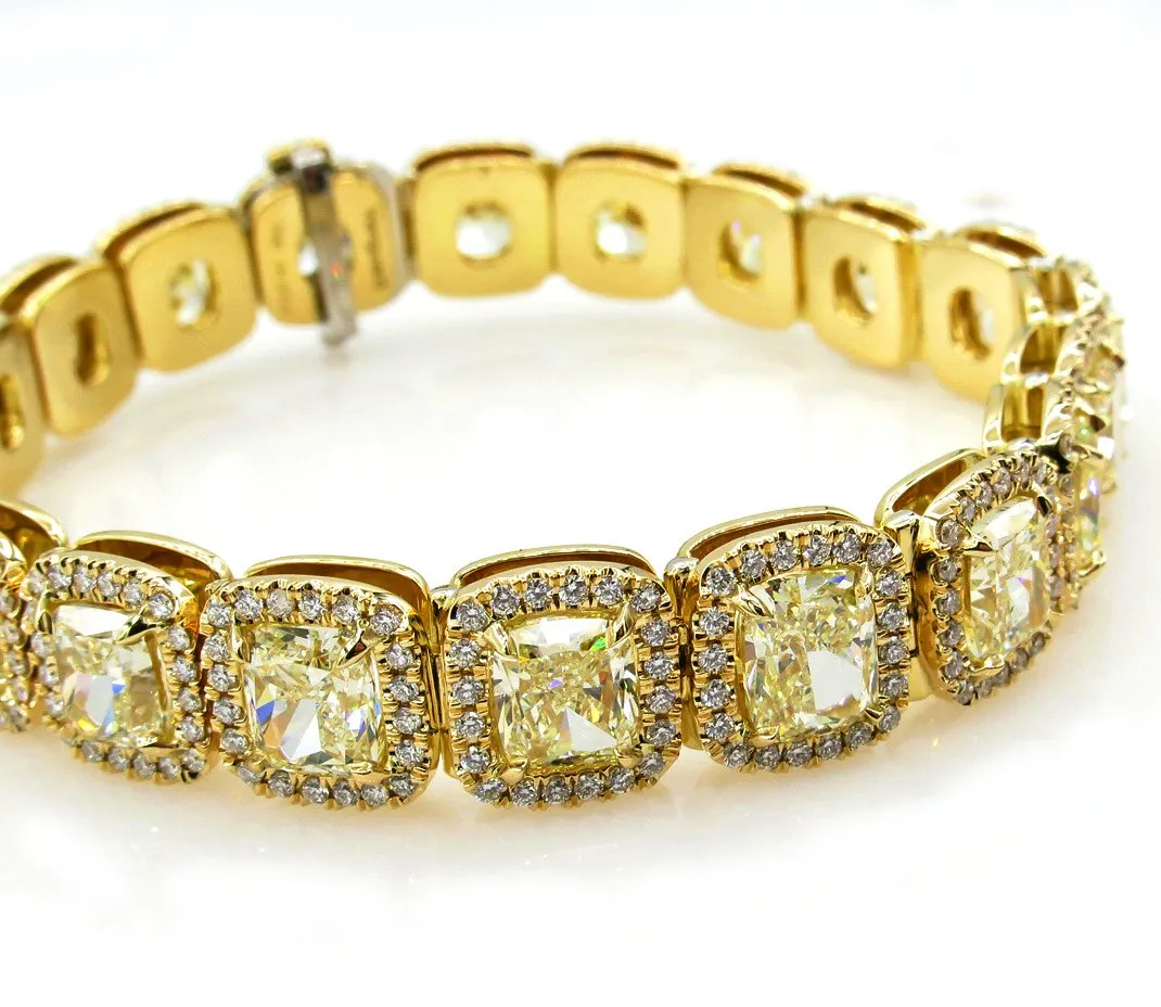 Magnificent 27.28ct Natural Fancy Yellow Radiant Cut Tennis Line Bracelet 18k YG