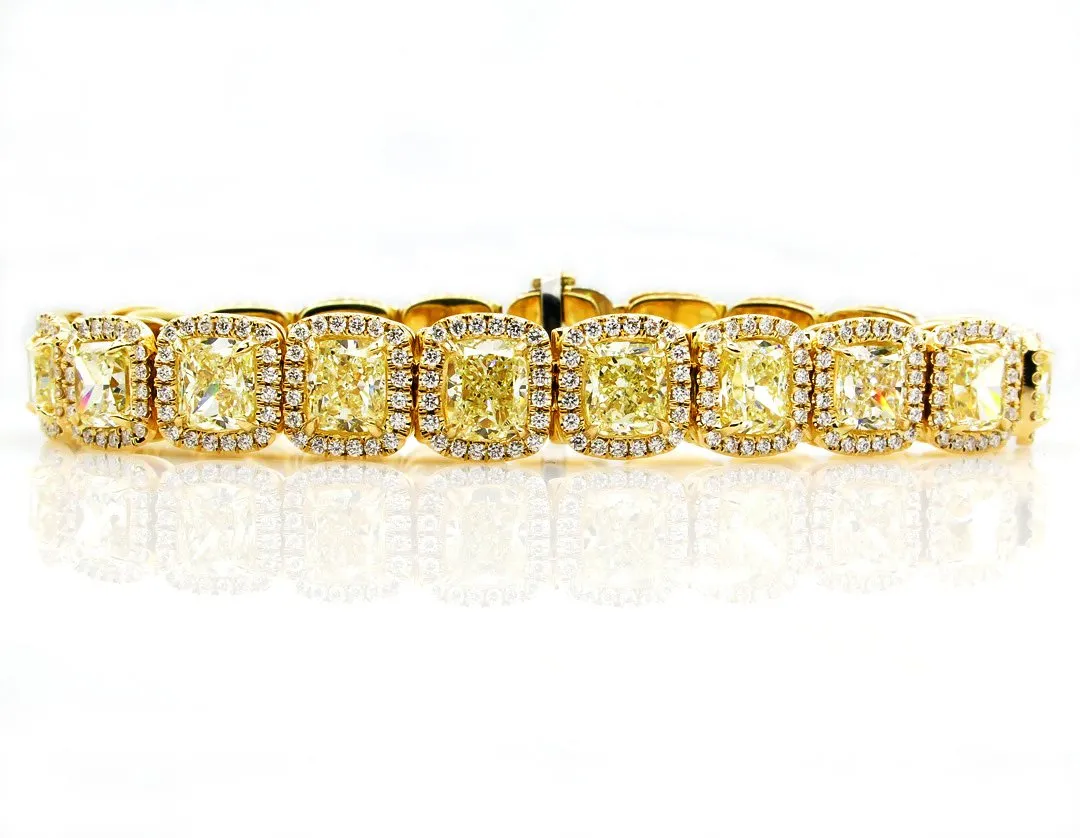 Magnificent 27.28ct Natural Fancy Yellow Radiant Cut Tennis Line Bracelet 18k YG