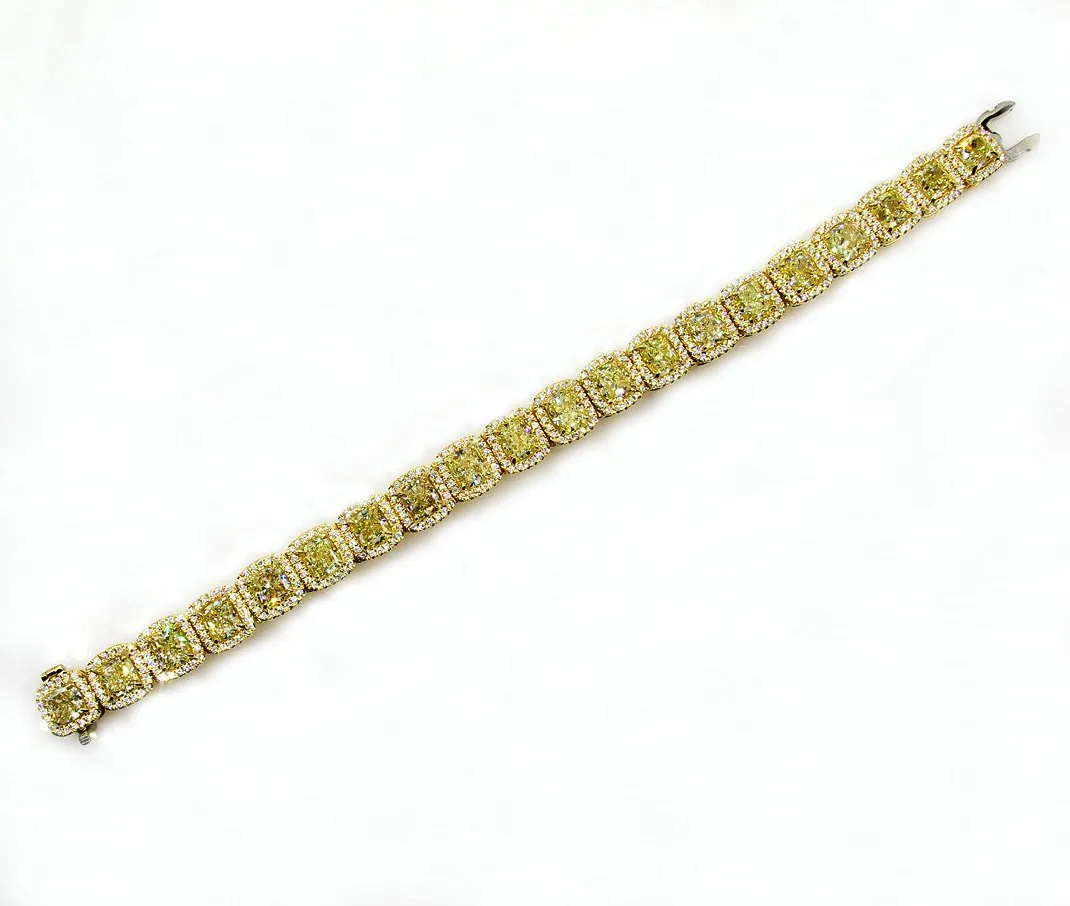 Magnificent 27.28ct Natural Fancy Yellow Radiant Cut Tennis Line Bracelet 18k YG