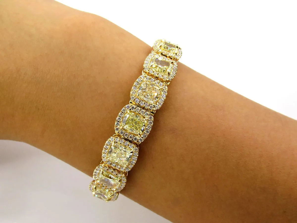 Magnificent 27.28ct Natural Fancy Yellow Radiant Cut Tennis Line Bracelet 18k YG