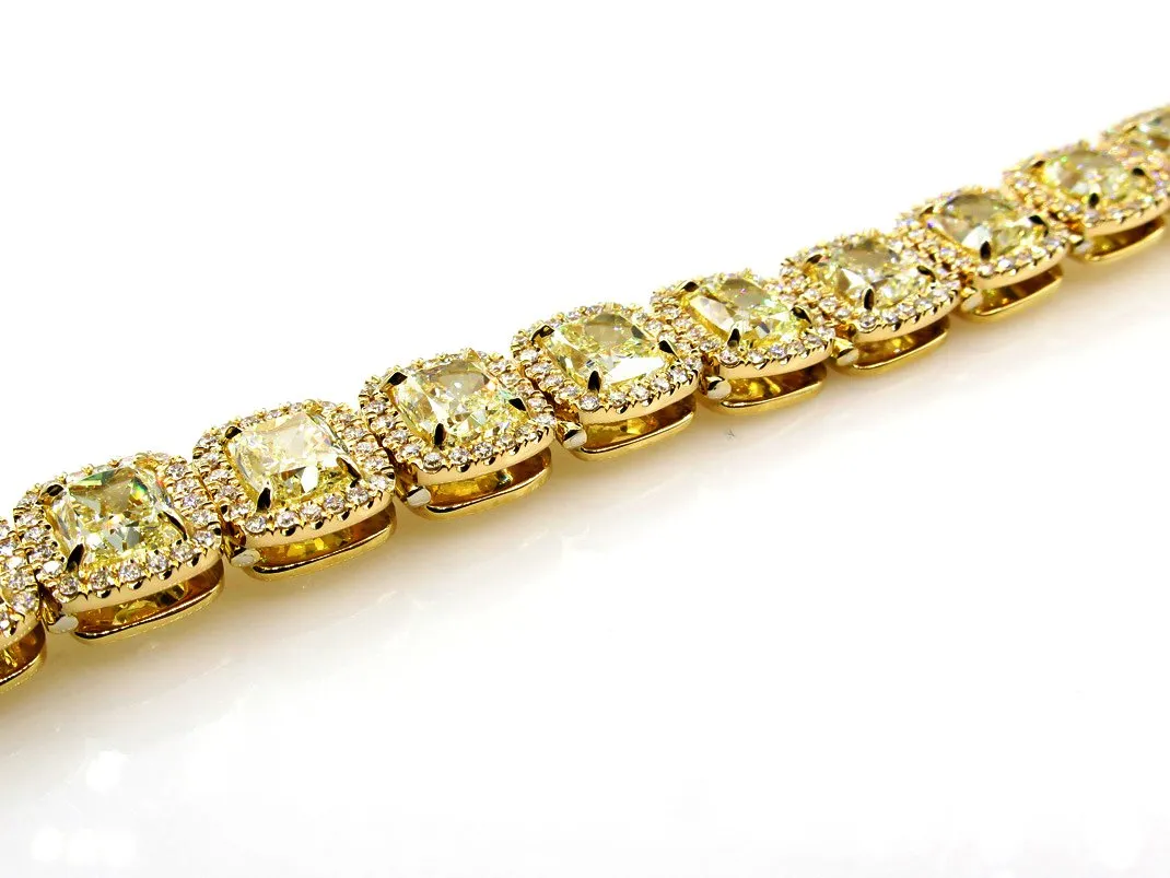 Magnificent 27.28ct Natural Fancy Yellow Radiant Cut Tennis Line Bracelet 18k YG