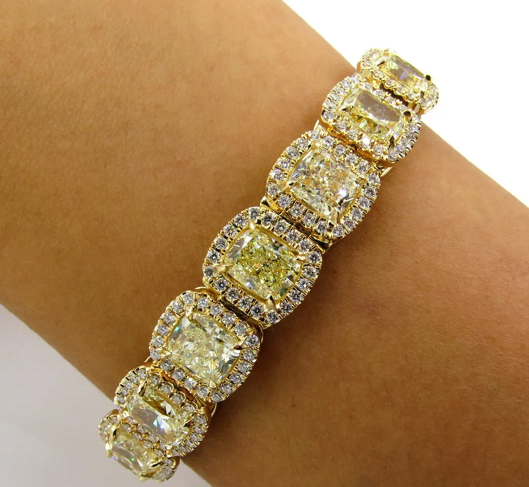 Magnificent 27.28ct Natural Fancy Yellow Radiant Cut Tennis Line Bracelet 18k YG