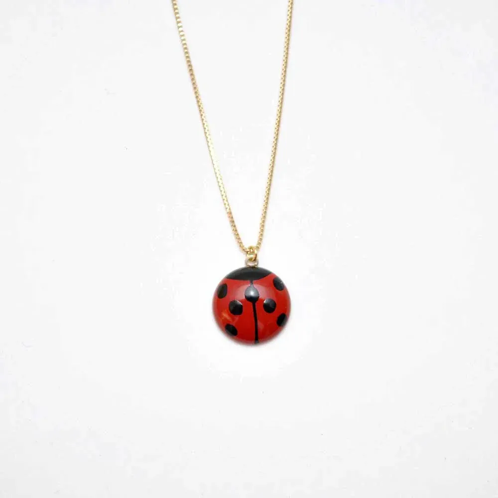 Maki-e Urushi Lacquer Pendant Necklace - White South Sea Pearl Shell / Ladybug / Red -, Traditional Japanese Urushi Lacquer Jewelry