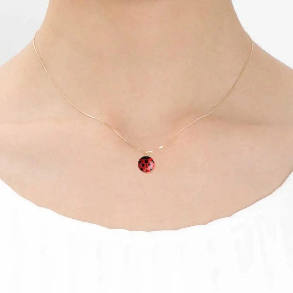 Maki-e Urushi Lacquer Pendant Necklace - White South Sea Pearl Shell / Ladybug / Red -, Traditional Japanese Urushi Lacquer Jewelry