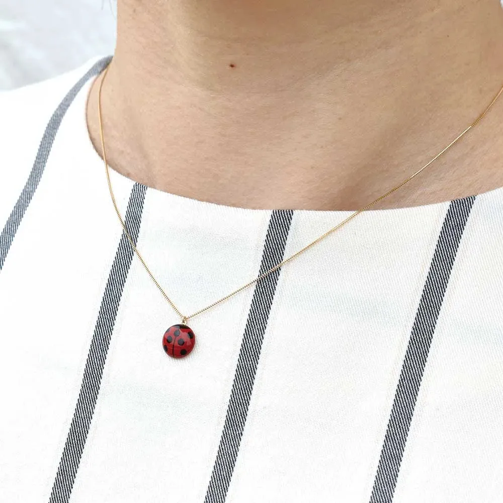 Maki-e Urushi Lacquer Pendant Necklace - White South Sea Pearl Shell / Ladybug / Red -, Traditional Japanese Urushi Lacquer Jewelry