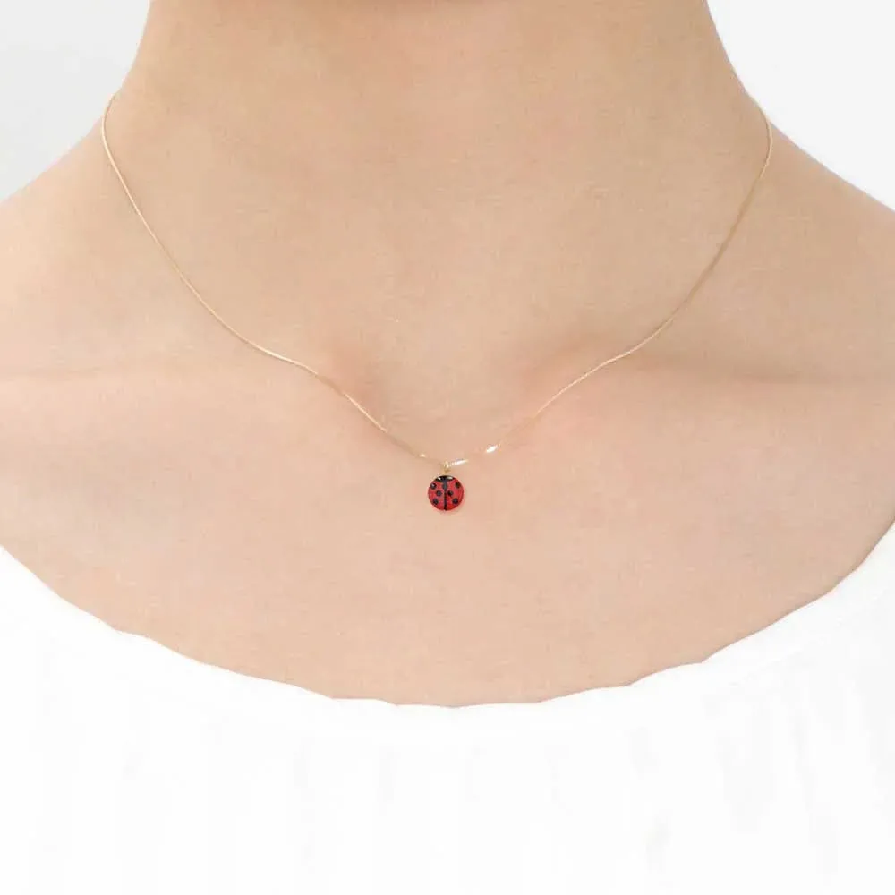 Maki-e Urushi Lacquer Pendant Necklace - White South Sea Pearl Shell / Ladybug / Red -, Traditional Japanese Urushi Lacquer Jewelry