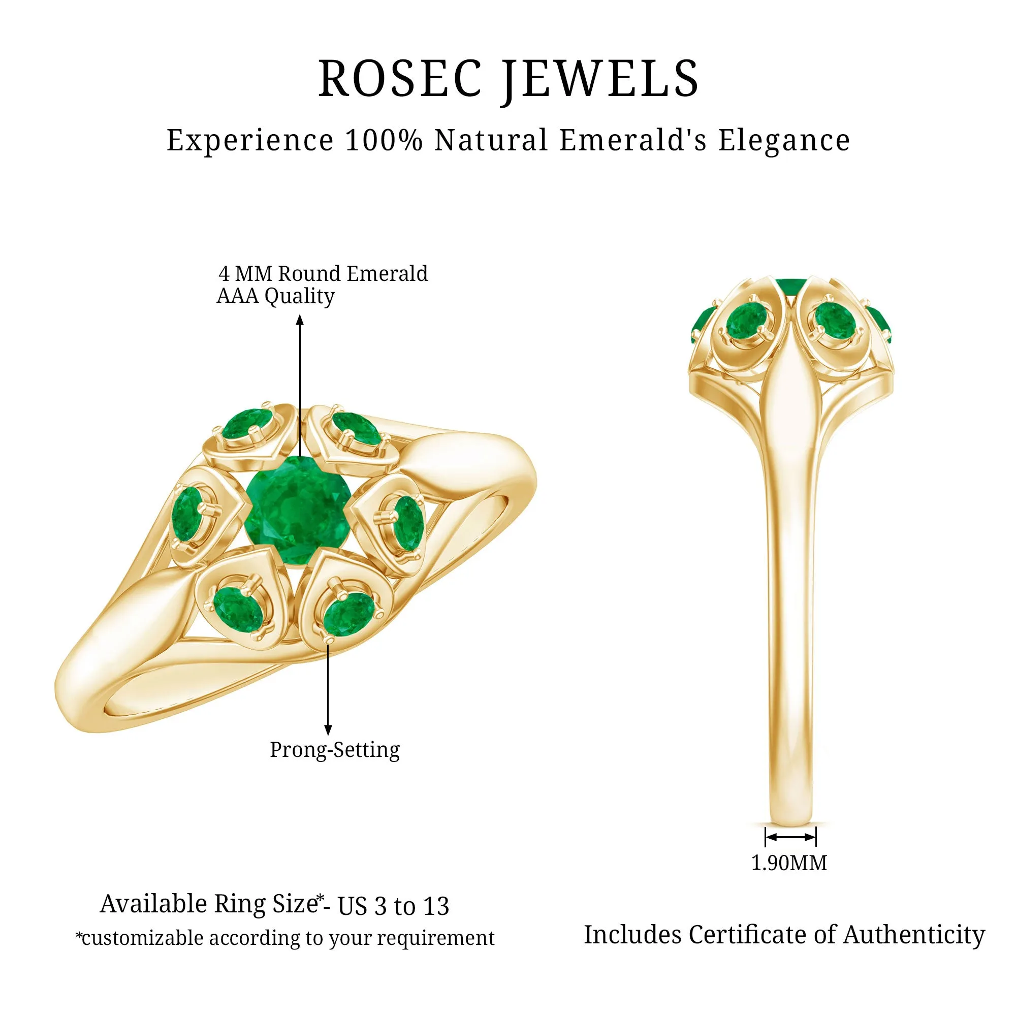May Birthstone 1/2 CT Emerald Vintage Inspired Ring
