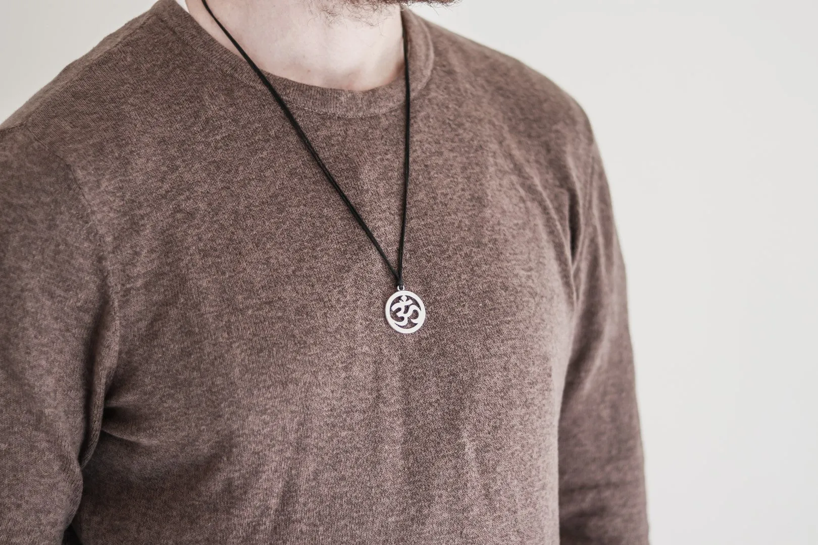Men's necklace with a silver Om pendant, black cord, yoga jewelry for man handmade, gift wrapped