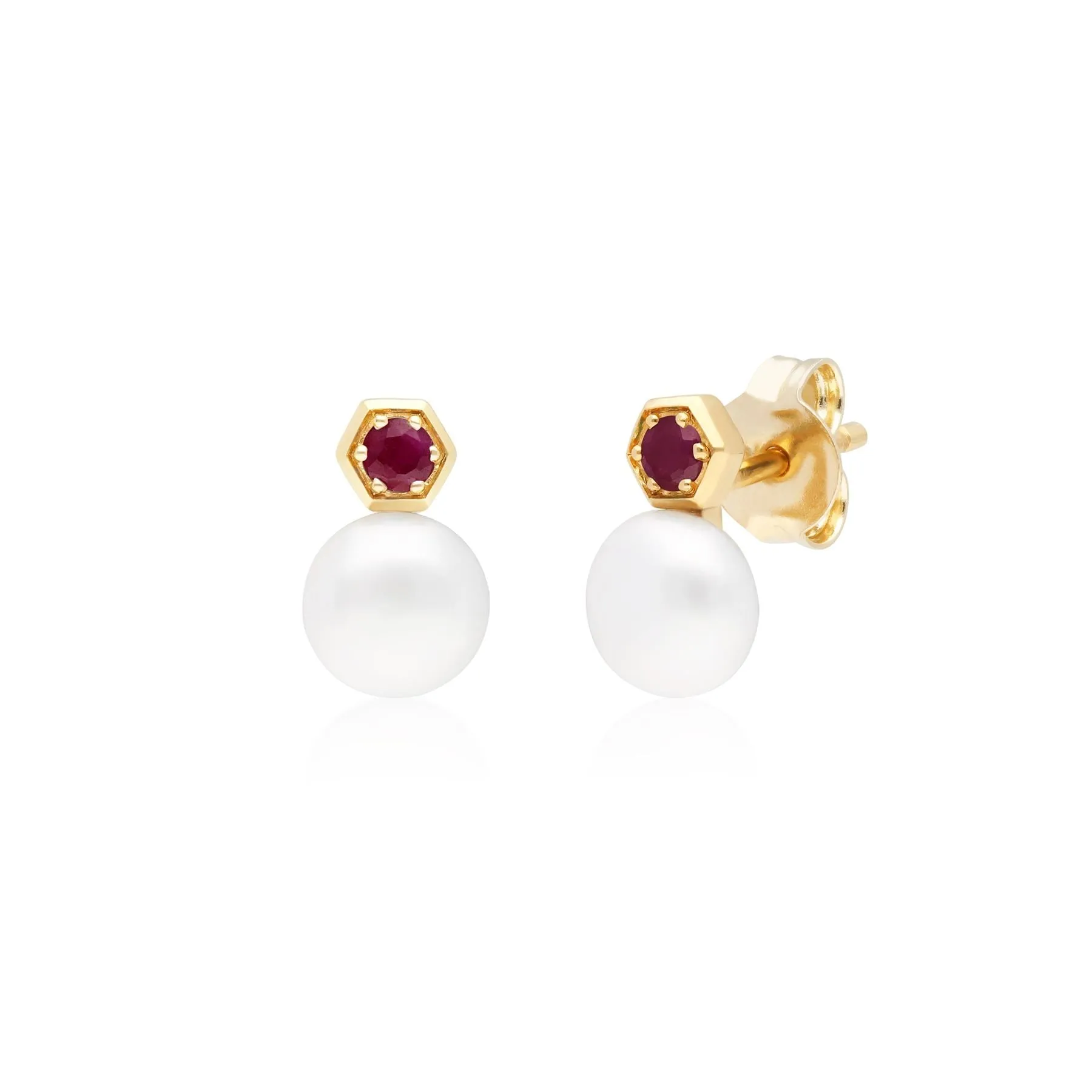Moderne Perle Süßwasserperle & Rubin Ohrstecker in 9ct Gelb Gold