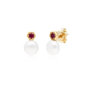 Moderne Perle Süßwasserperle & Rubin Ohrstecker in 9ct Gelb Gold