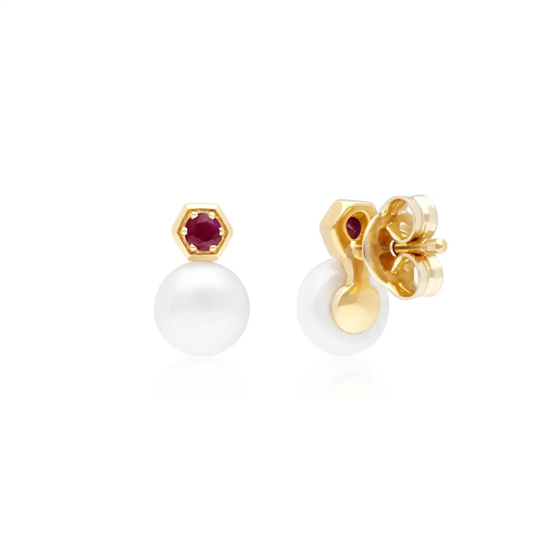 Moderne Perle Süßwasserperle & Rubin Ohrstecker in 9ct Gelb Gold