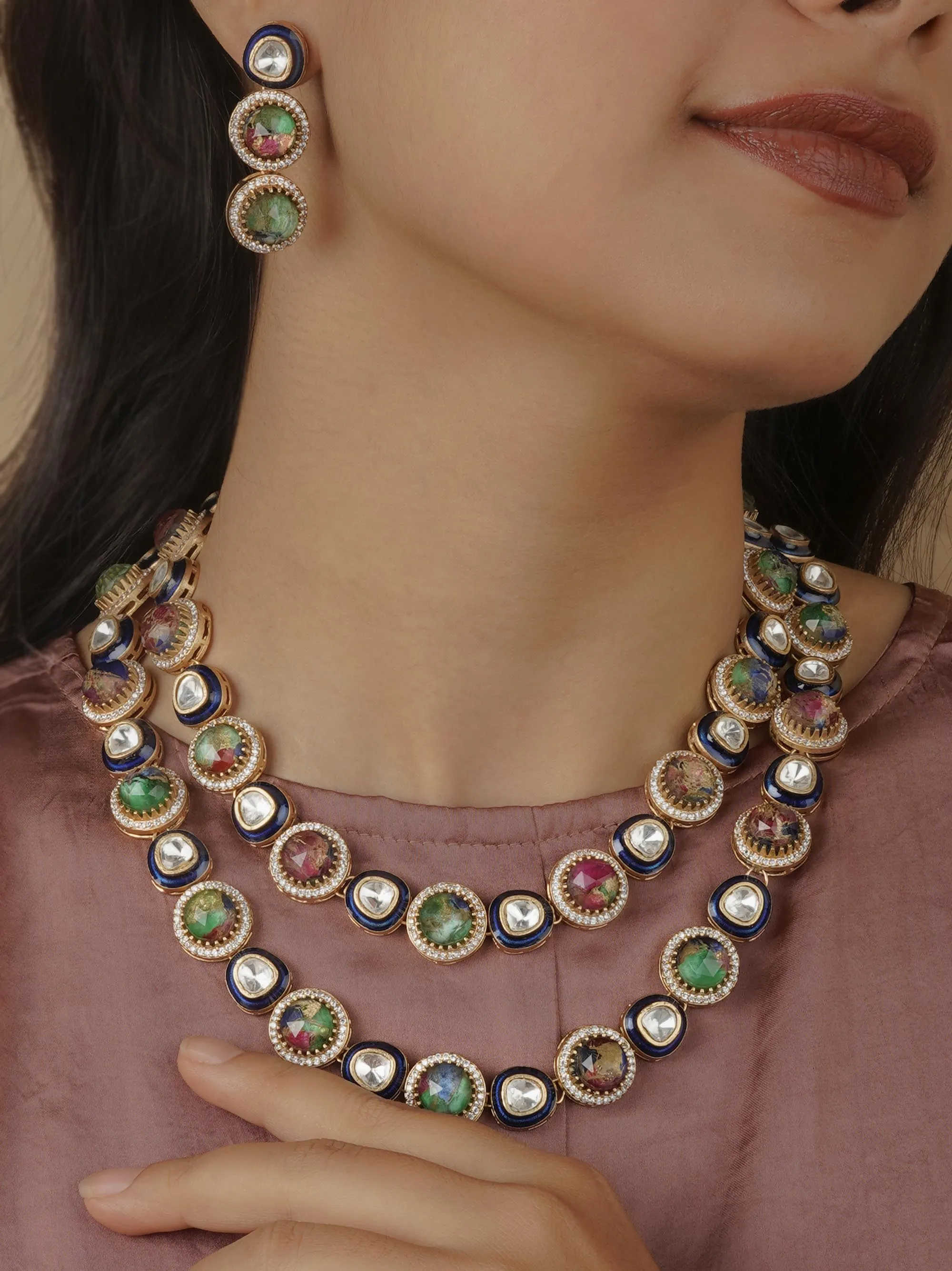 Multicolor Gold Plated Contemporary Necklace Set - CC-S14D