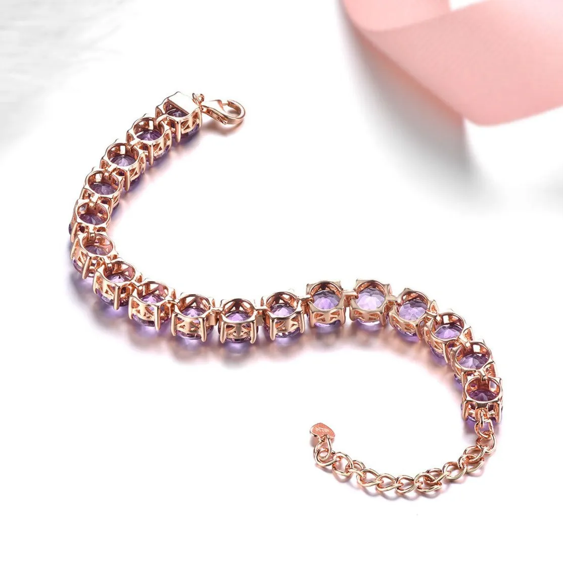 Natural Amethyst & Rose Gold Plated S925 Bracelet - 22ct