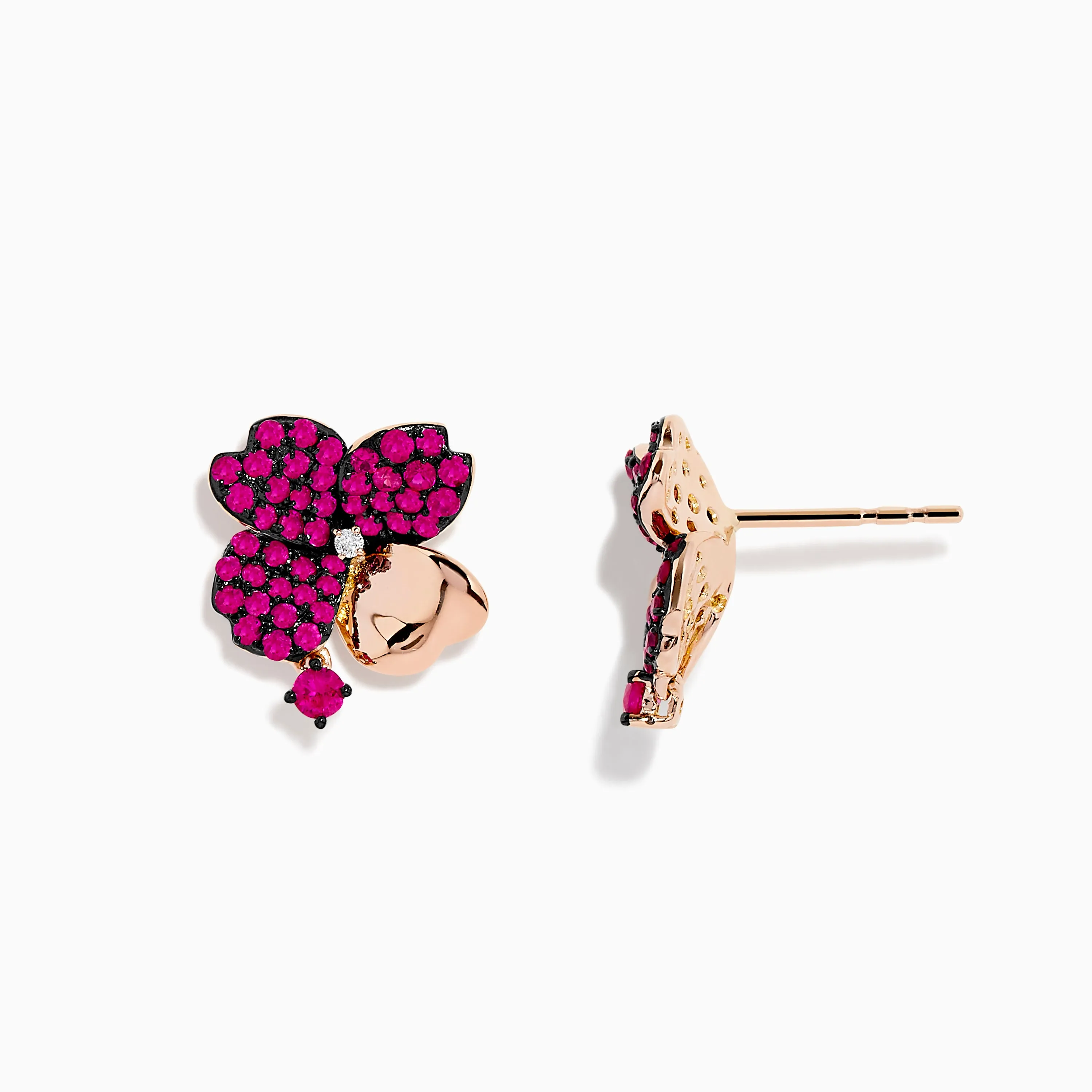 Nature 14K Rose Gold Ruby and Diamond Flower Earrings