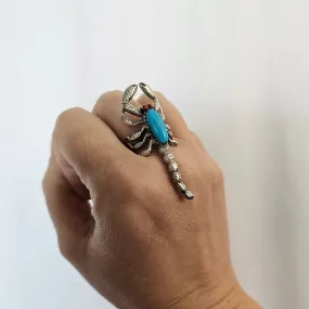 Navajo sterling silver Turquoise & coral Scorpion Ring 6cm circumference