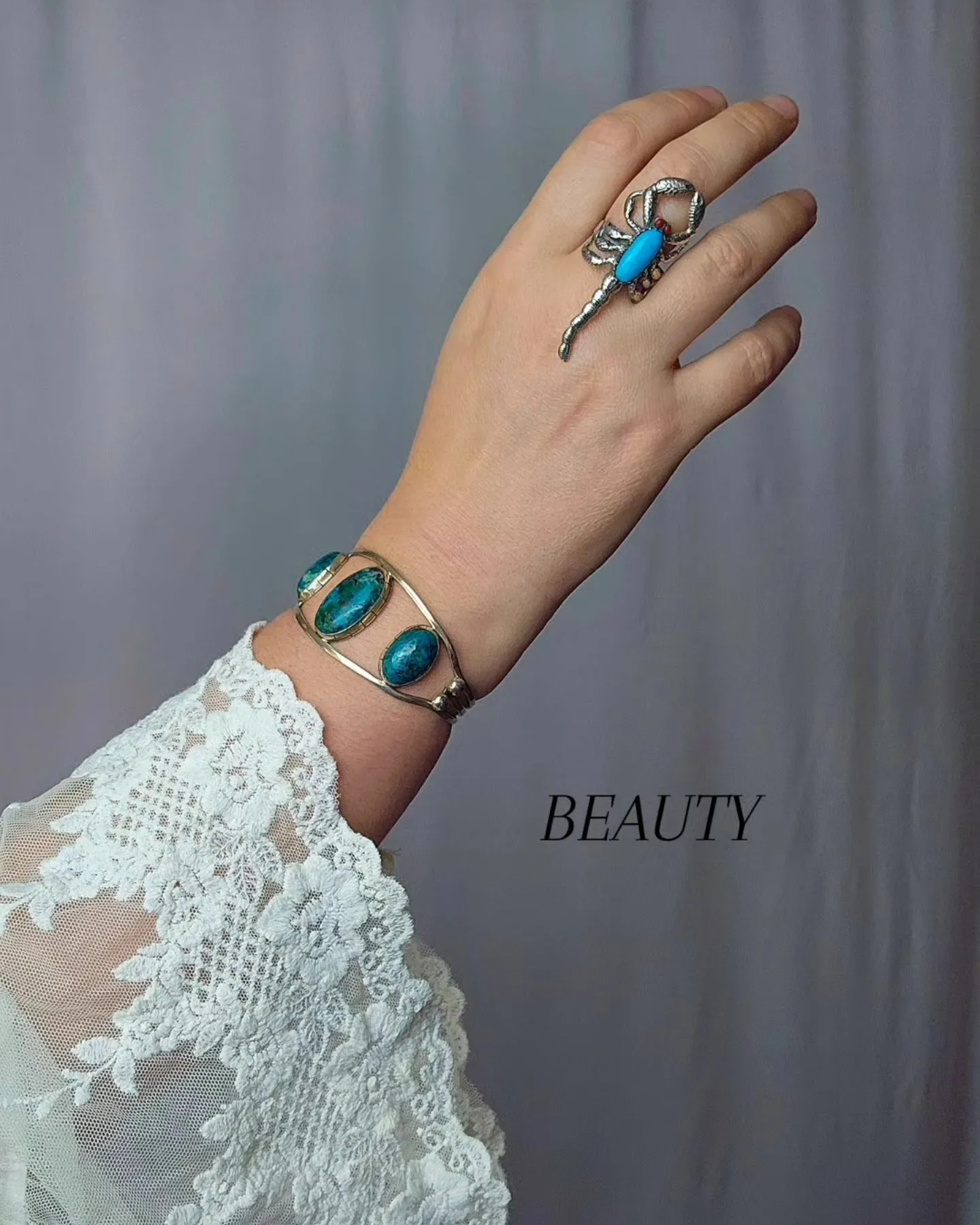 Navajo sterling silver Turquoise & coral Scorpion Ring 6cm circumference