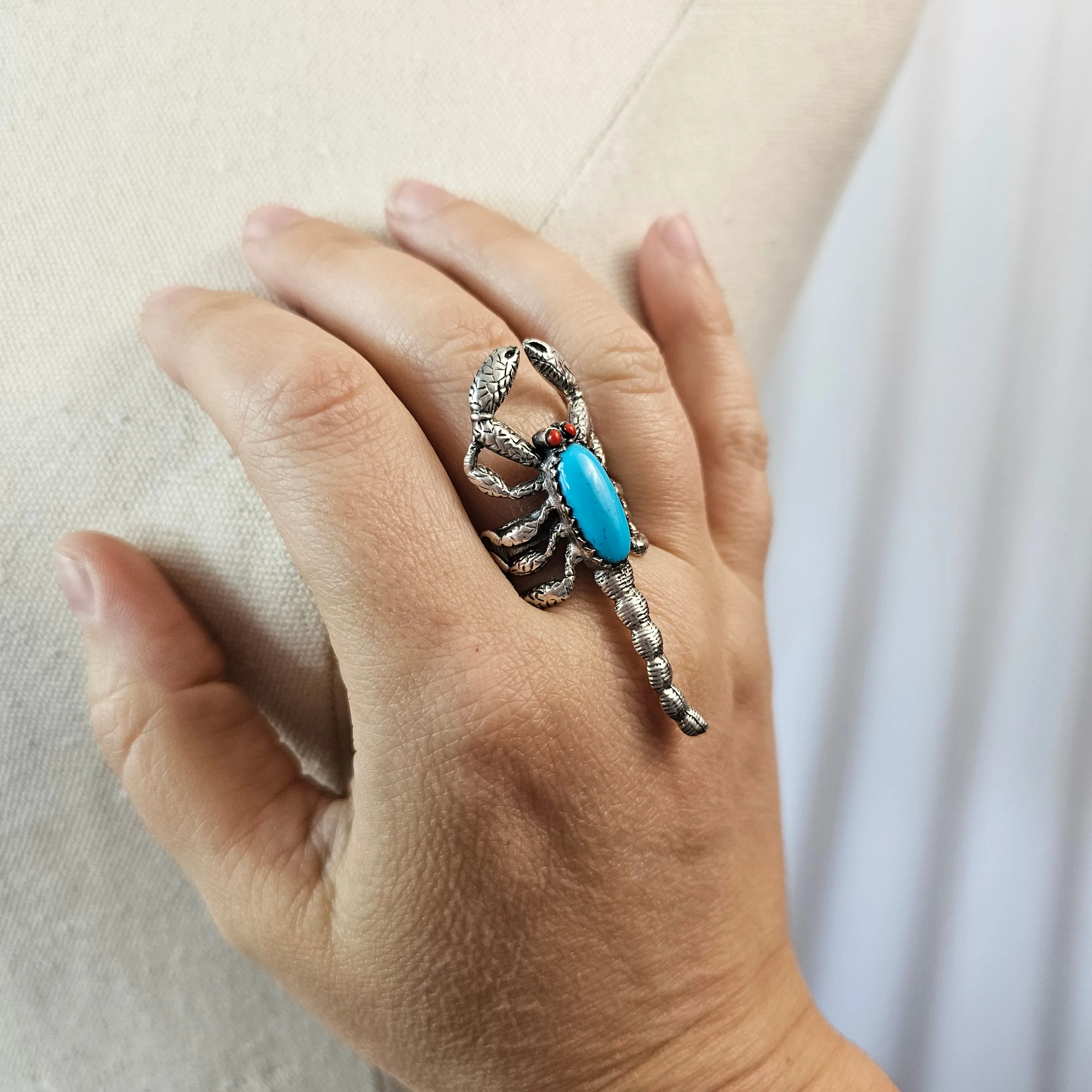 Navajo sterling silver Turquoise & coral Scorpion Ring 6cm circumference