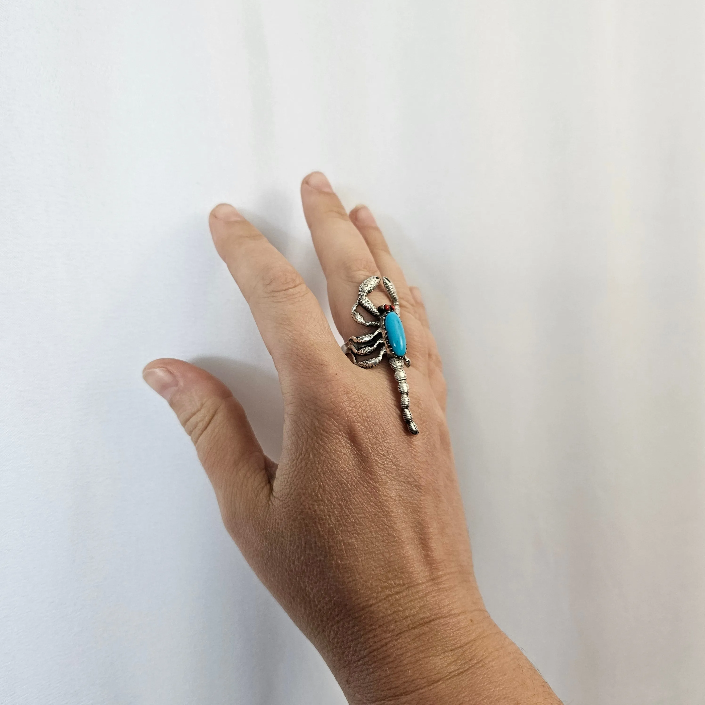 Navajo sterling silver Turquoise & coral Scorpion Ring 6cm circumference