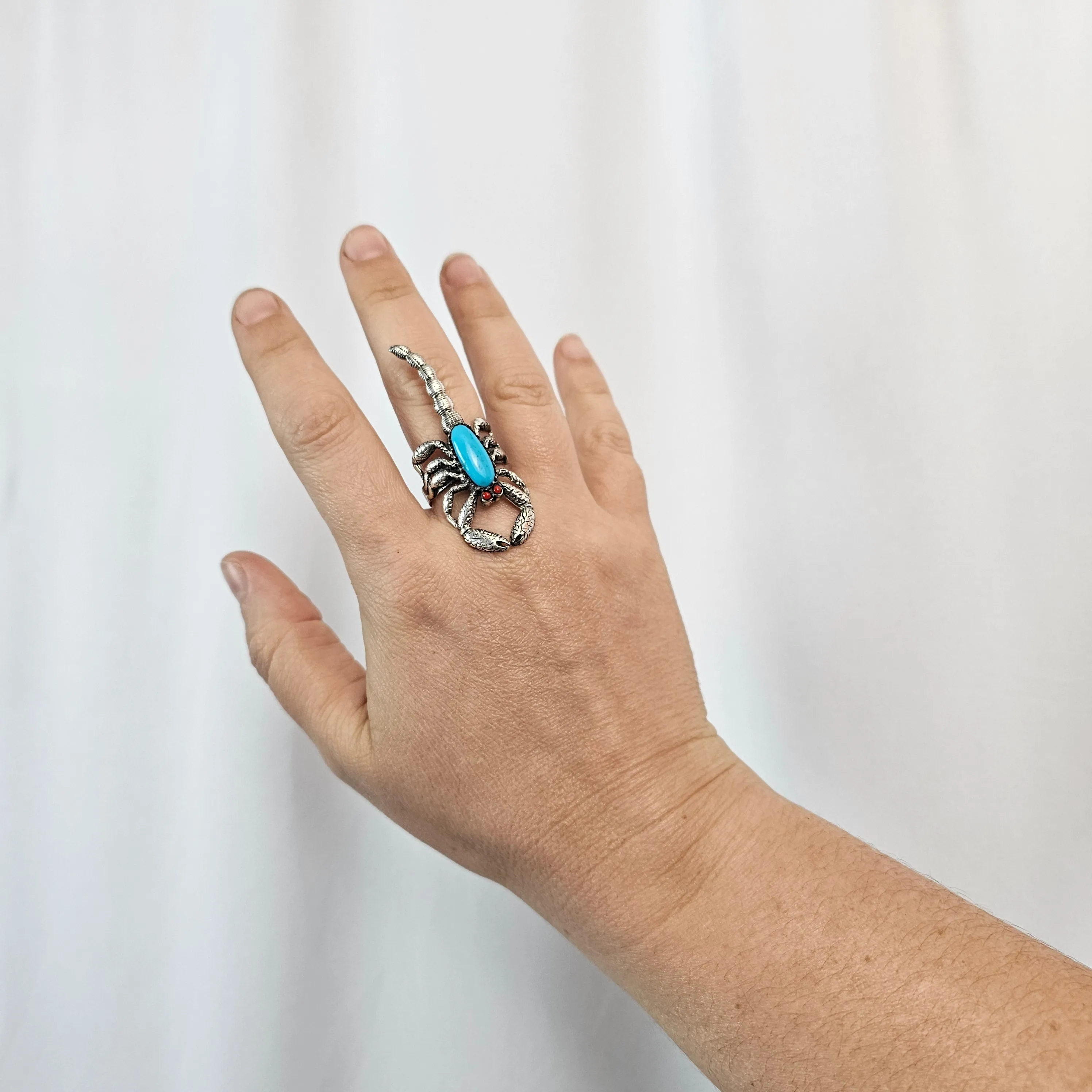 Navajo sterling silver Turquoise & coral Scorpion Ring 6cm circumference