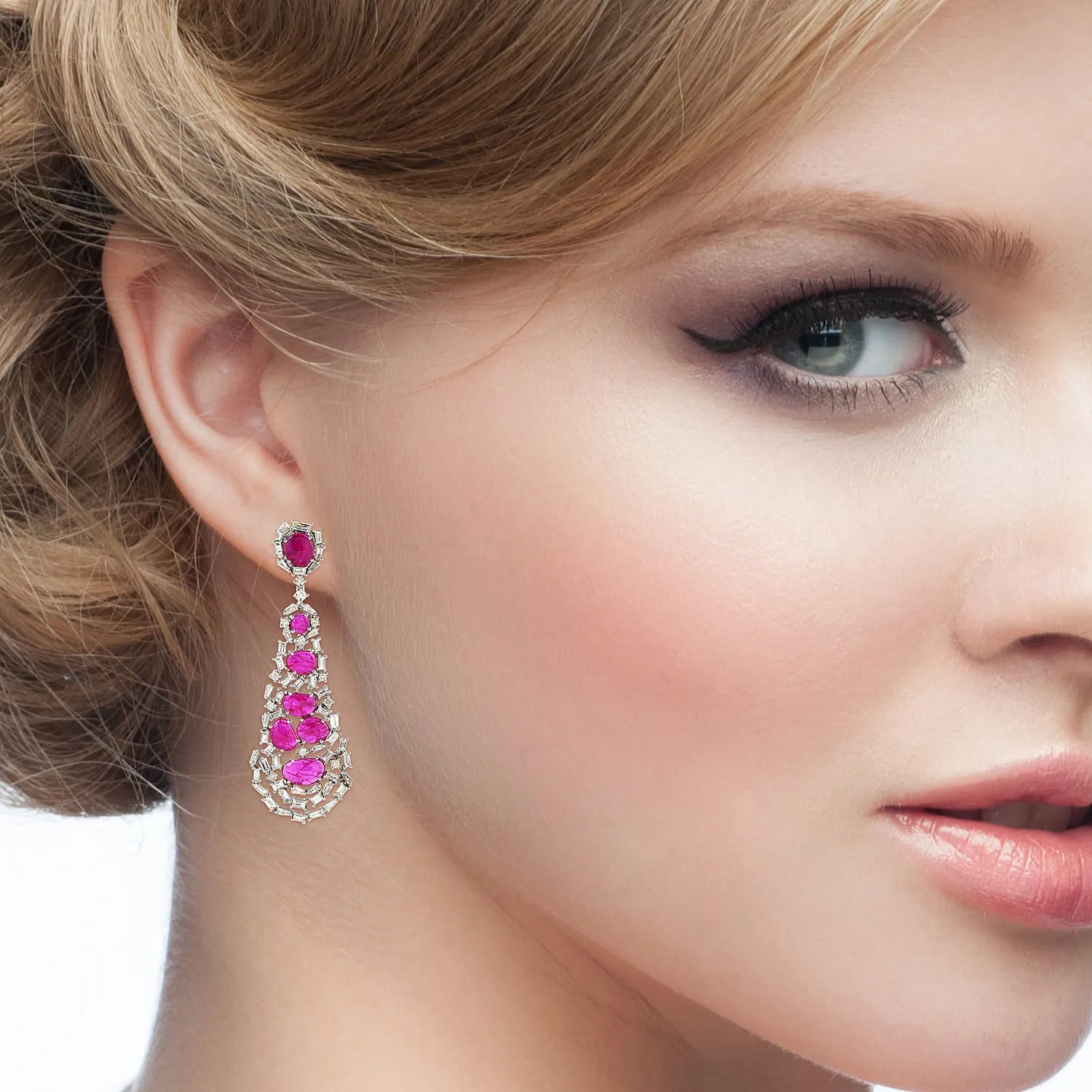 Oval Slice Ruby Prong Baguette Diamond Wedding Dangler In 18k White Gold For Her