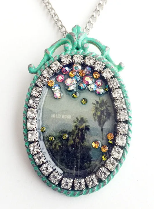 Palm Trees & Hollywood Sign Rhinestone California Souvenir Necklace
