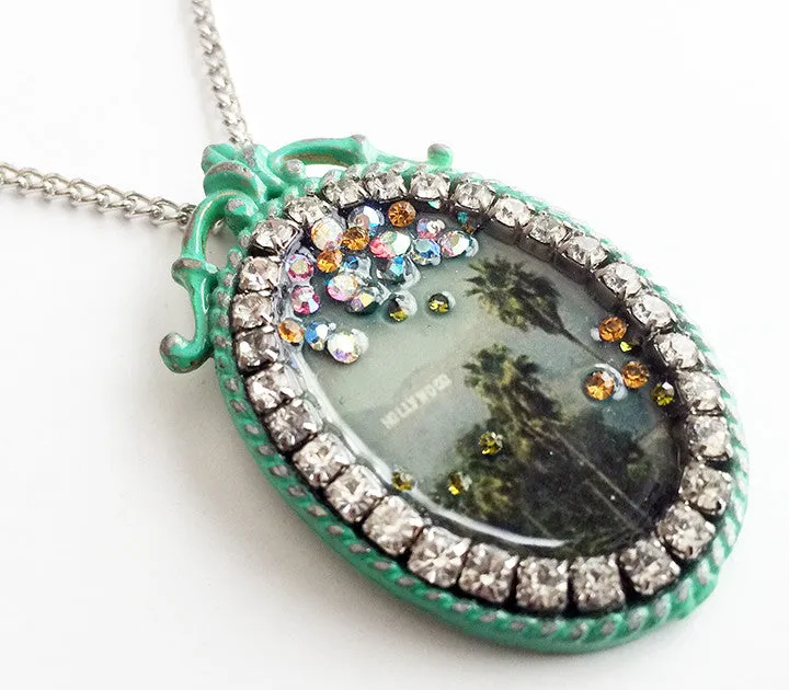 Palm Trees & Hollywood Sign Rhinestone California Souvenir Necklace