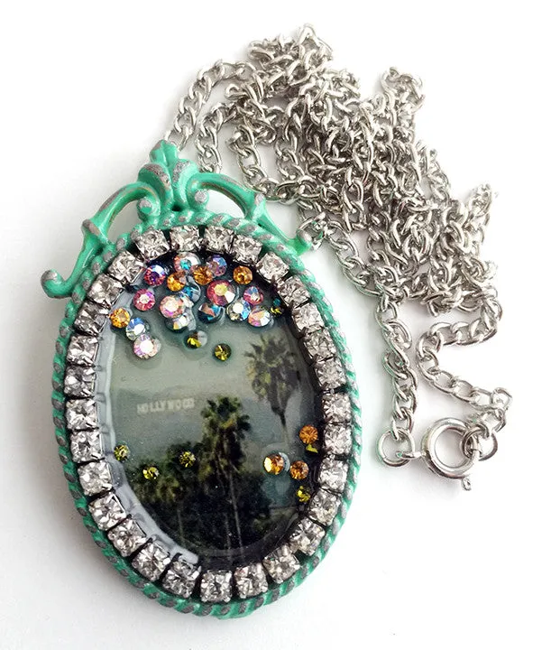 Palm Trees & Hollywood Sign Rhinestone California Souvenir Necklace