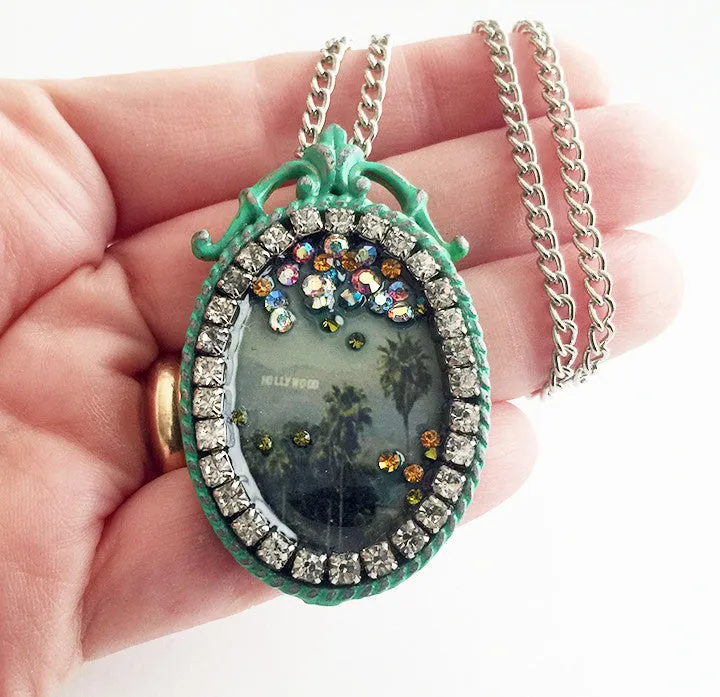 Palm Trees & Hollywood Sign Rhinestone California Souvenir Necklace