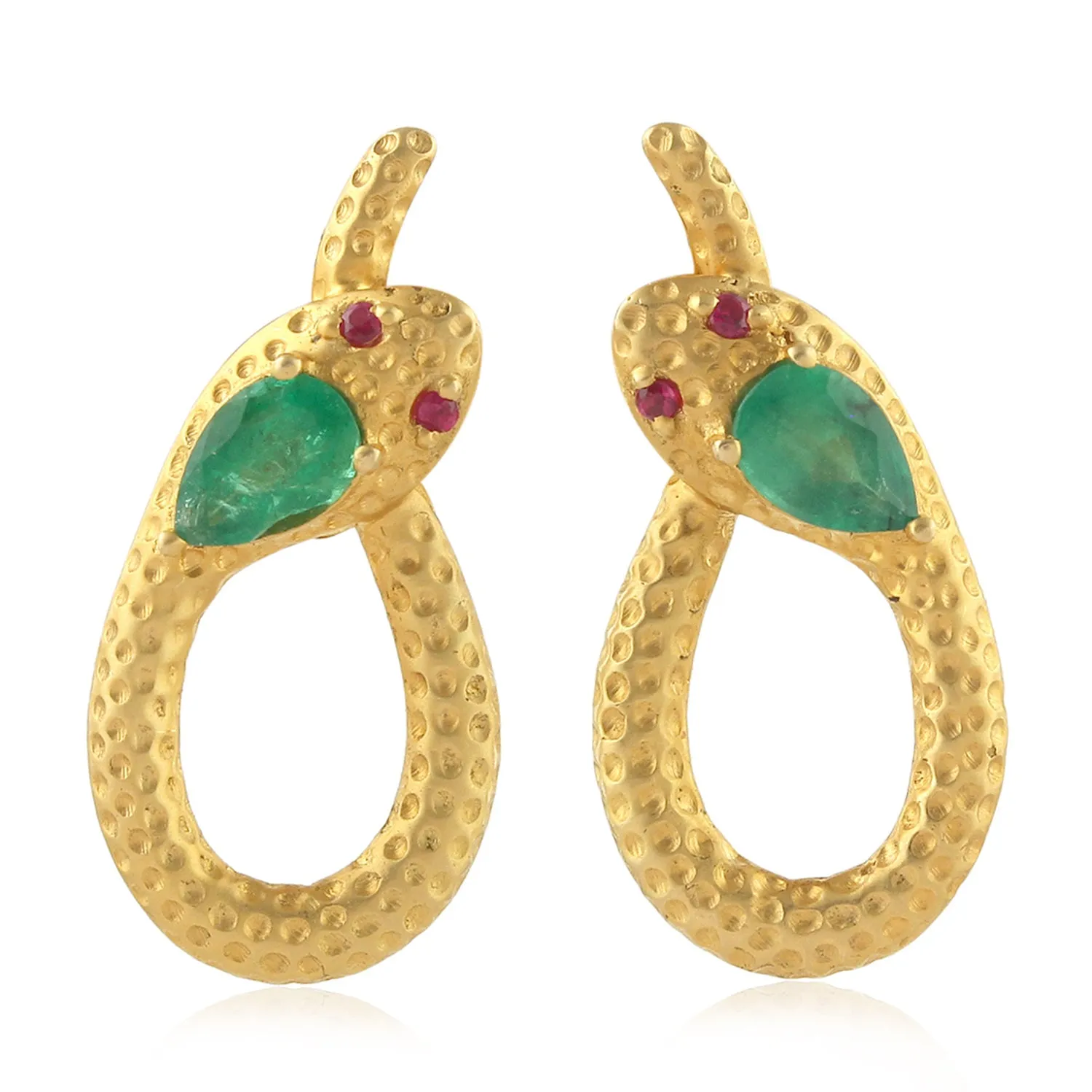 Pear Cut Emerald Bezel Set Ruby In 18k Yellow Gold Snake Dangle Earrings