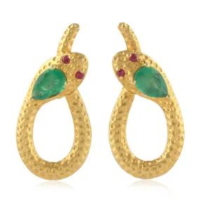 Pear Cut Emerald Bezel Set Ruby In 18k Yellow Gold Snake Dangle Earrings
