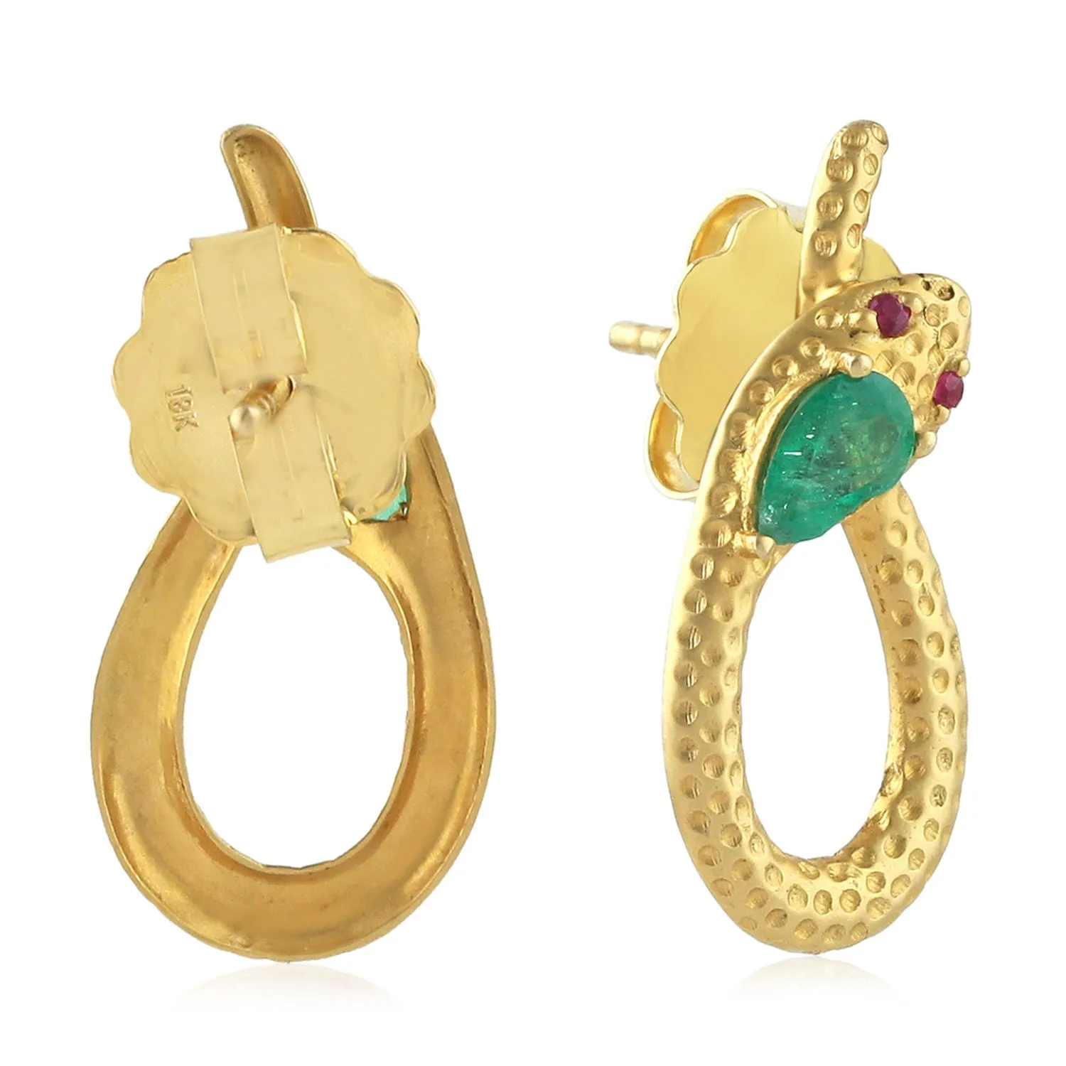 Pear Cut Emerald Bezel Set Ruby In 18k Yellow Gold Snake Dangle Earrings