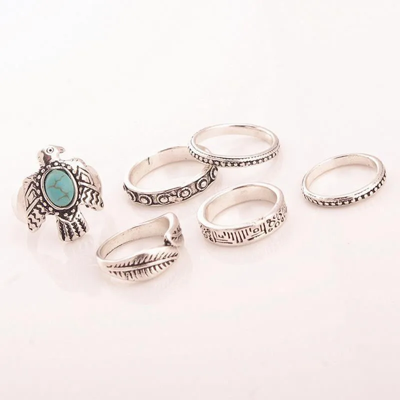 Phoenix & Feather Six Piece Stacking Rings Set Turquoise and Silver Tone Eagle Thunderbird Tribal Thumb And Midi Rings