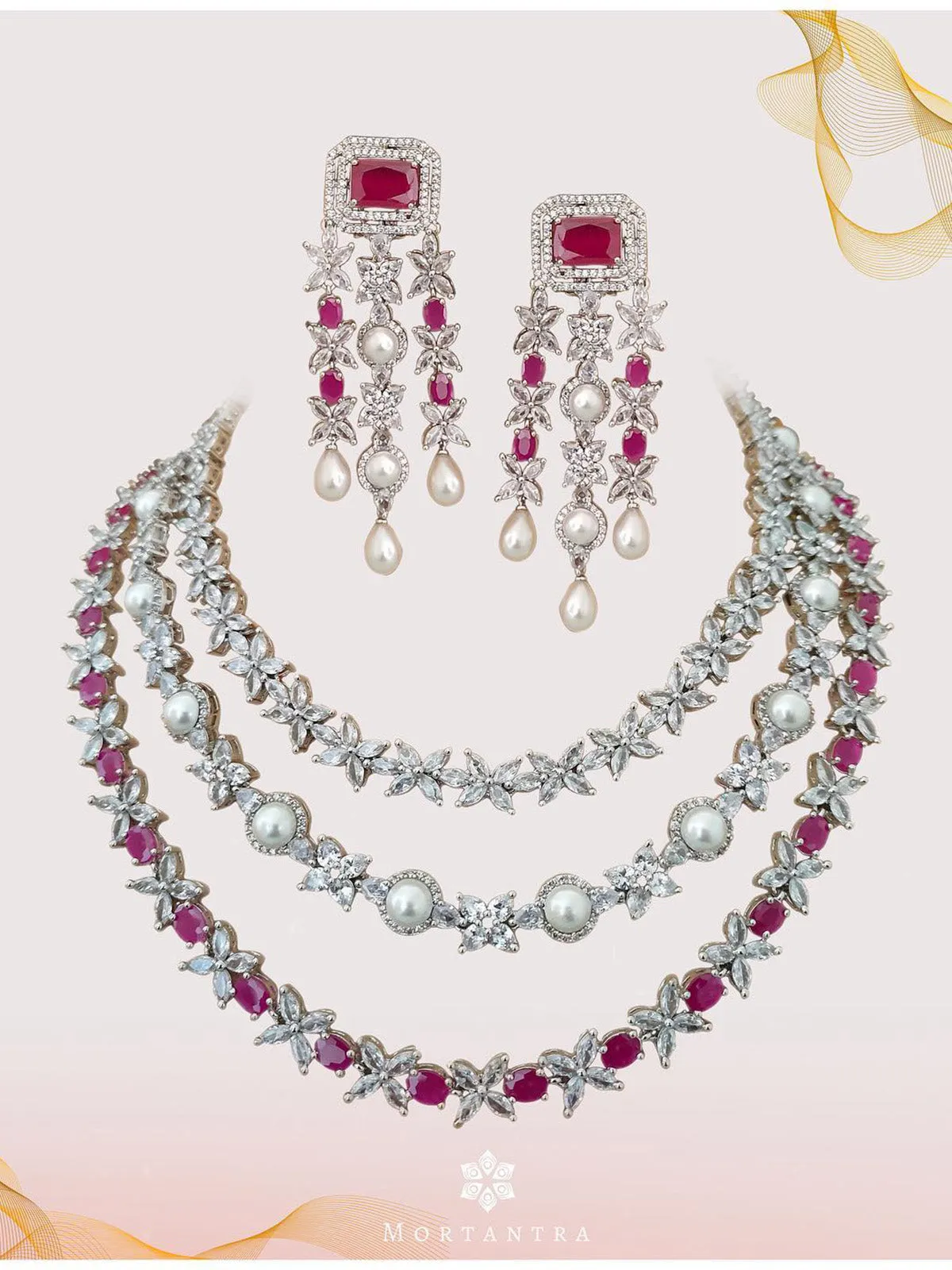 Pink Color Silver Plated Faux Diamond Necklace Set - CZSET217P