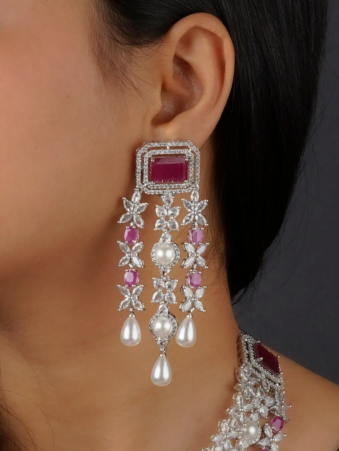 Pink Color Silver Plated Faux Diamond Necklace Set - CZSET217P