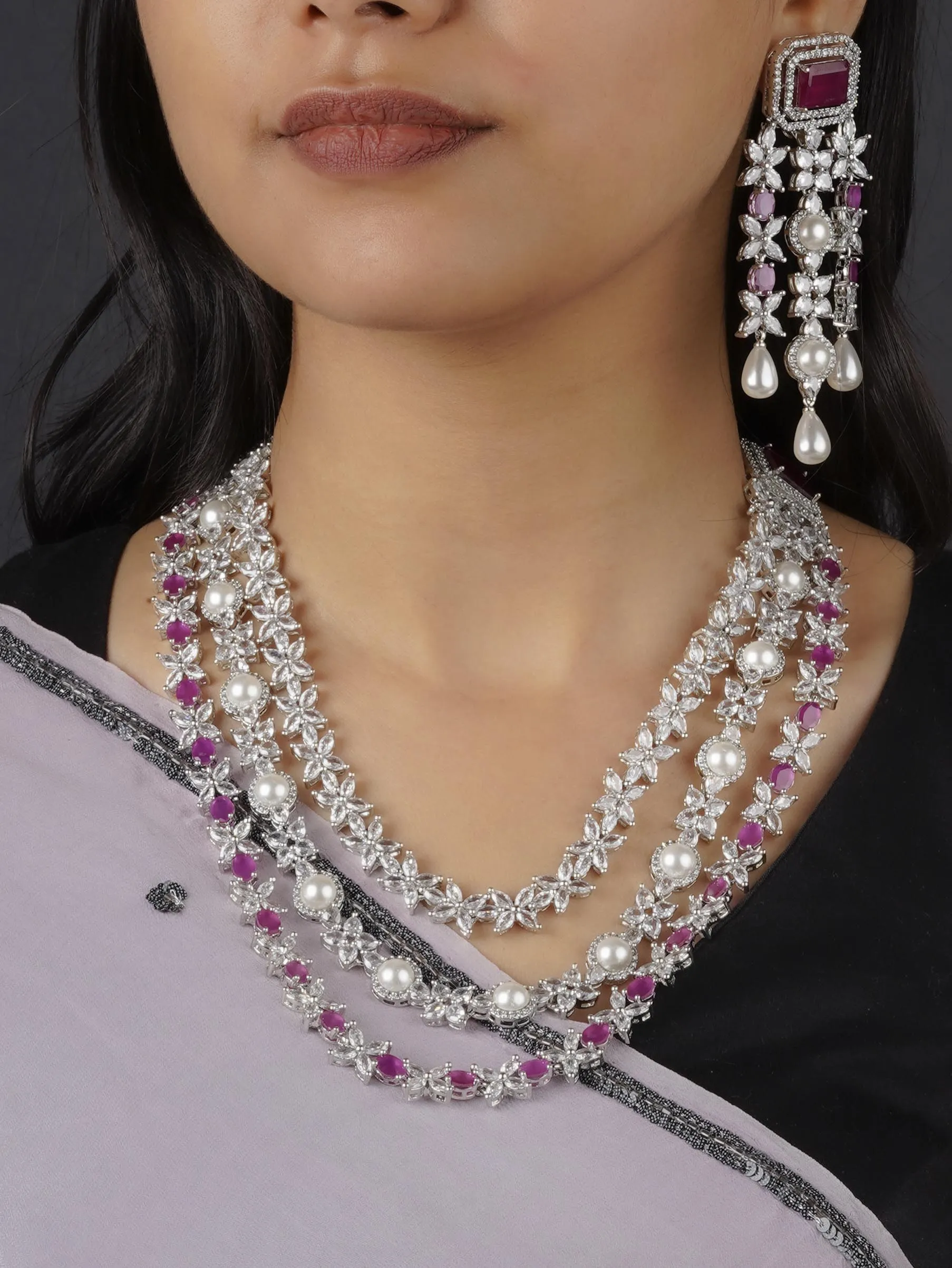 Pink Color Silver Plated Faux Diamond Necklace Set - CZSET217P