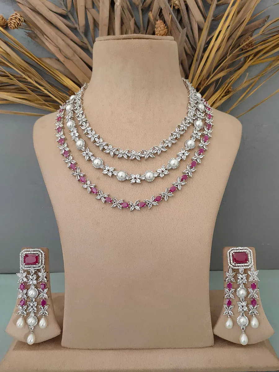 Pink Color Silver Plated Faux Diamond Necklace Set - CZSET217P