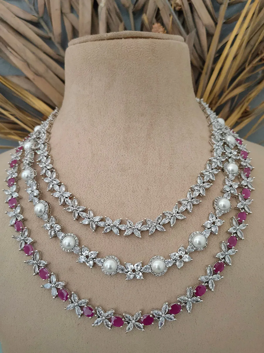 Pink Color Silver Plated Faux Diamond Necklace Set - CZSET217P