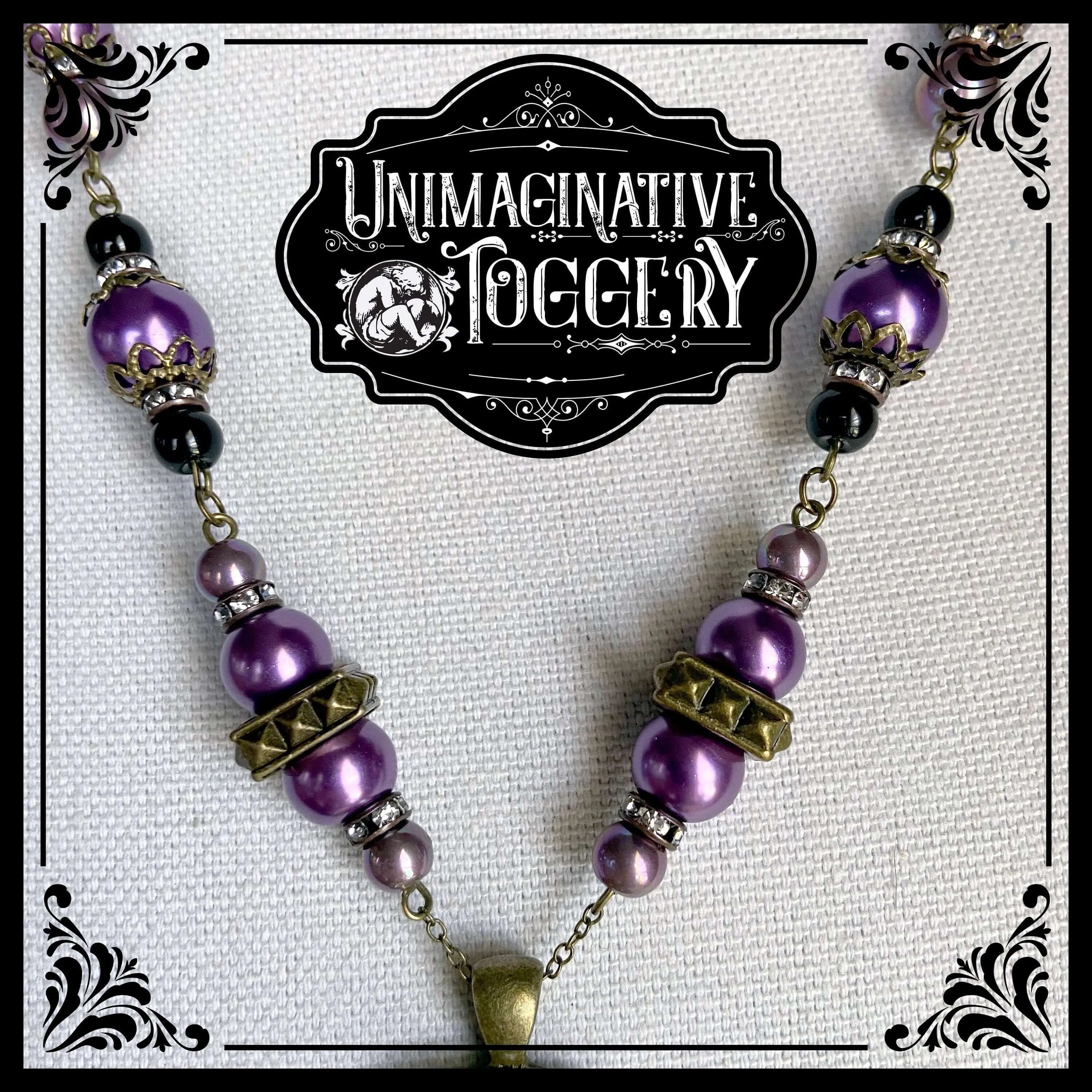 Purple beaded necklace skull and roses cameo