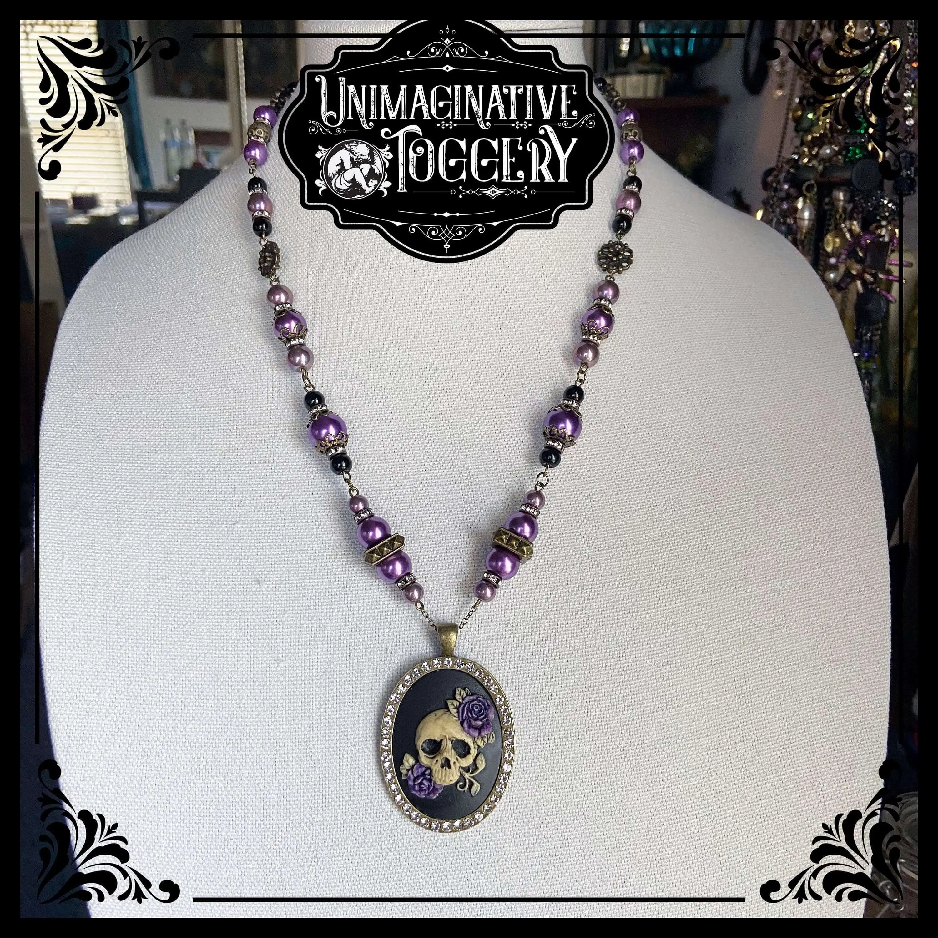 Purple beaded necklace skull and roses cameo