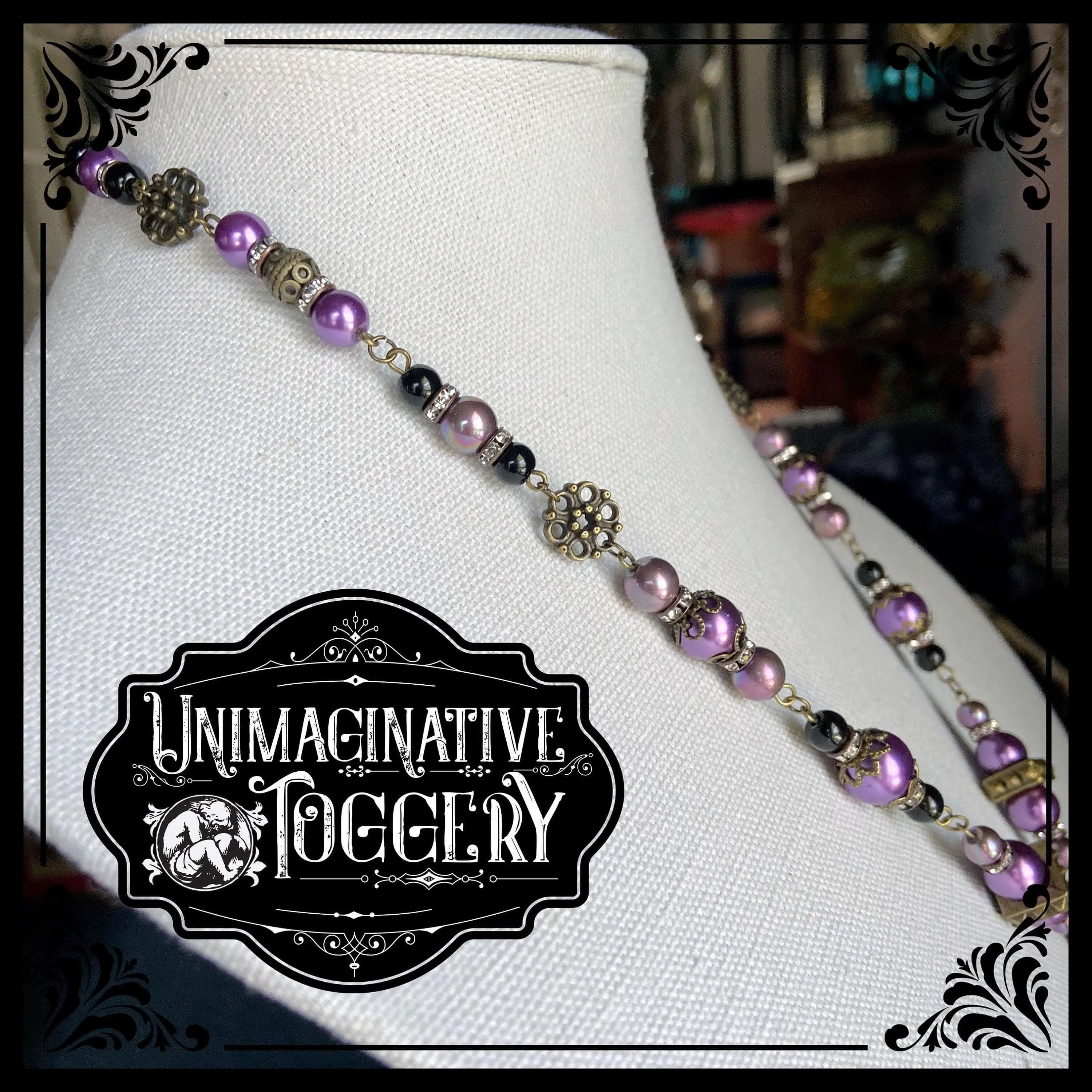 Purple beaded necklace skull and roses cameo