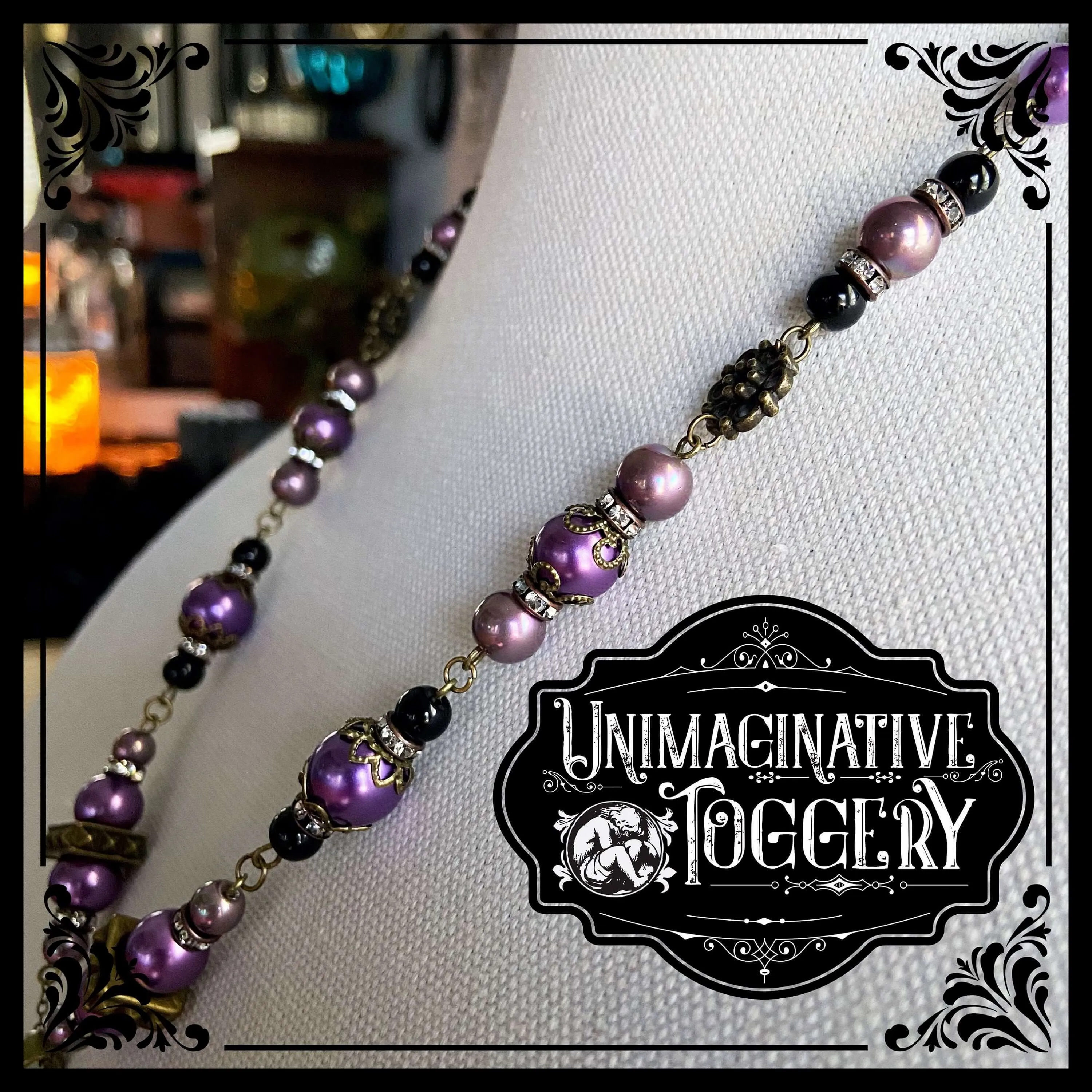 Purple beaded necklace skull and roses cameo