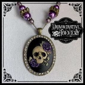 Purple beaded necklace skull and roses cameo