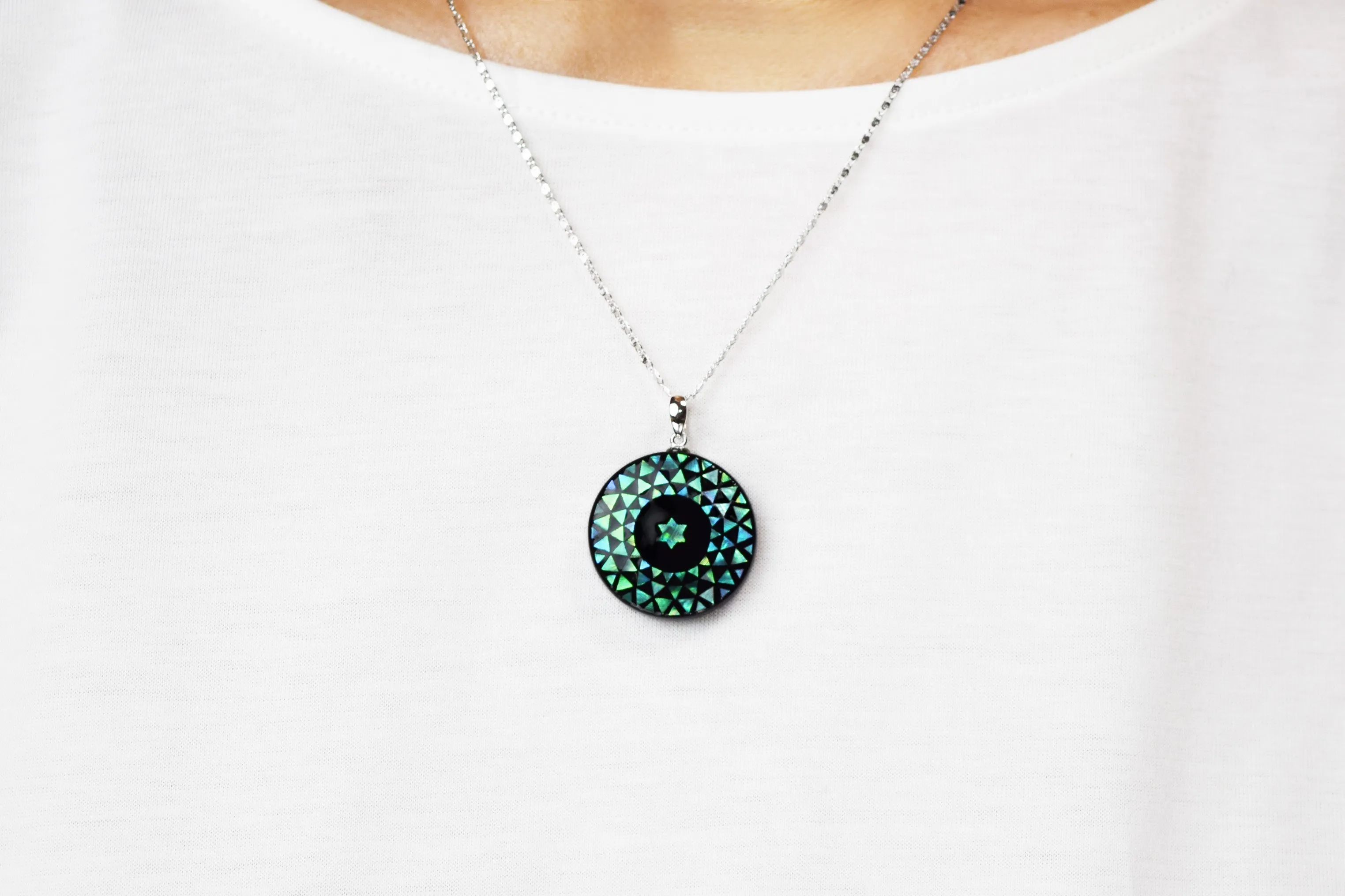 Raden Pendant Necklace - Geometry / Green Color / Small Size-, Japanese Lacquer Jewelry, Kyoto Jewelry
