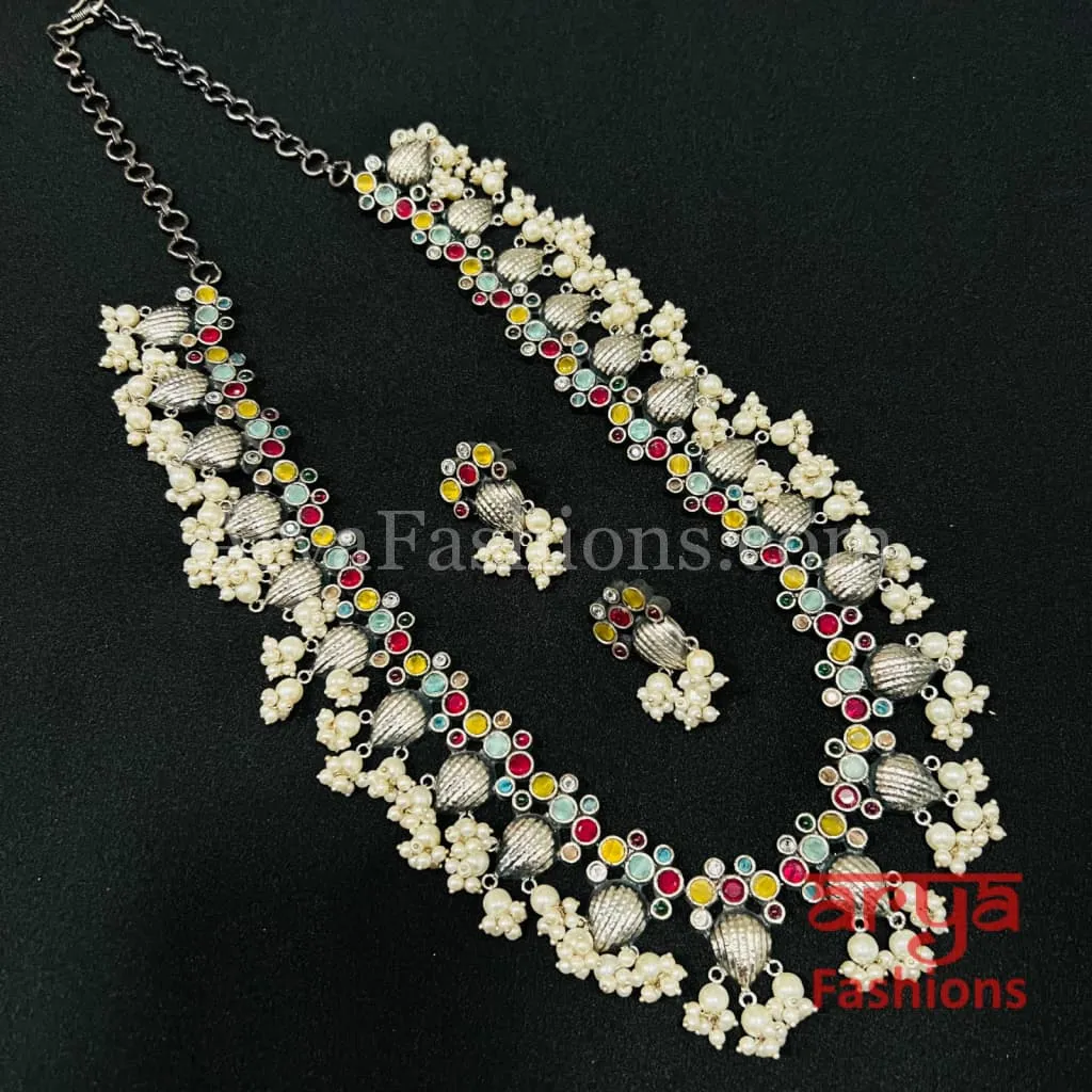 Radha Multicolor Stone Oxidized Silver Haram Necklace