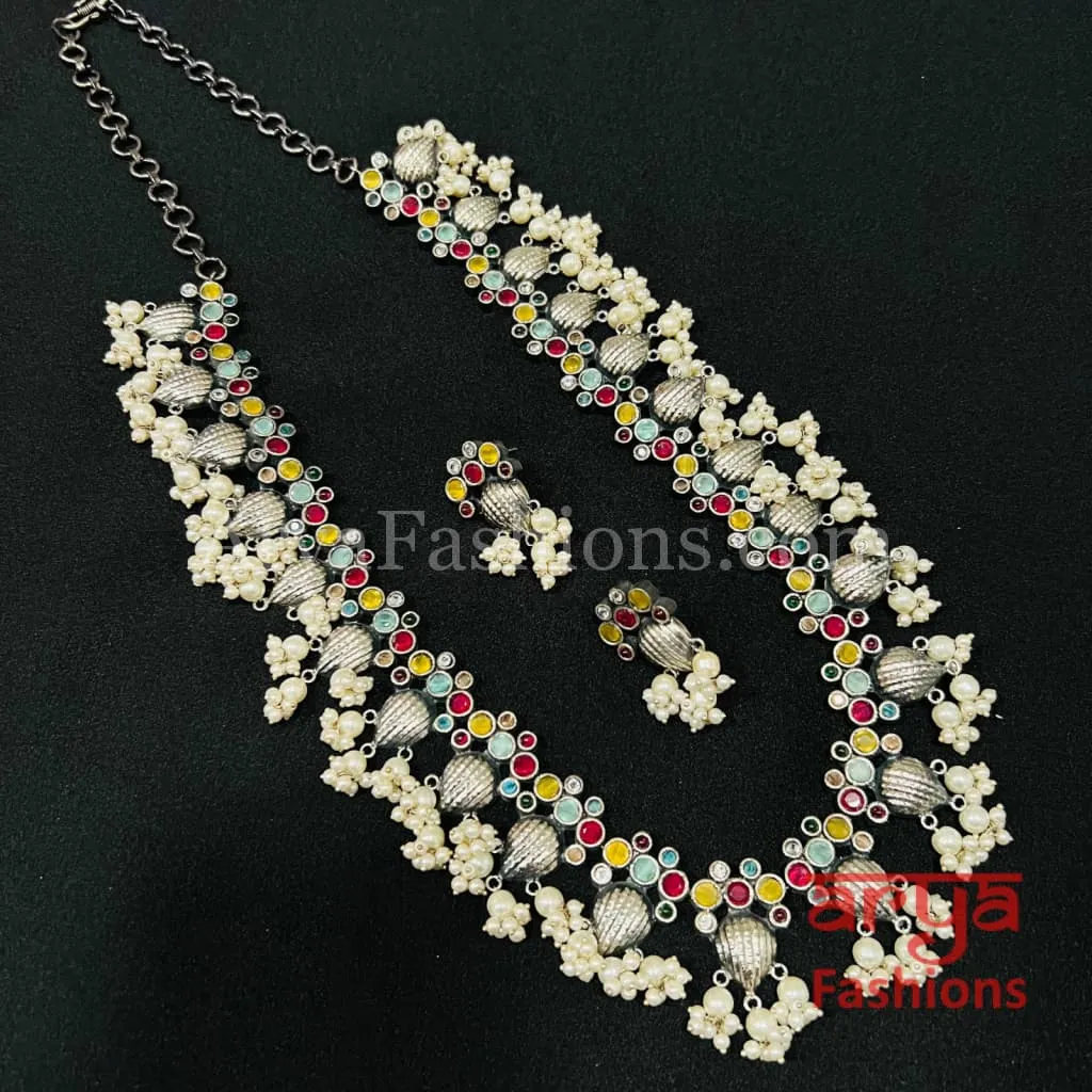 Radha Multicolor Stone Oxidized Silver Haram Necklace
