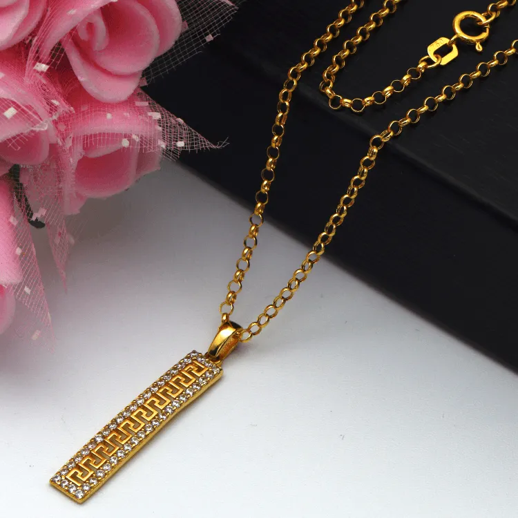Real Gold Maze Hoop Luxury Stone Bar Pendant with Hollow Rolo Chain 0106 CWP 1783