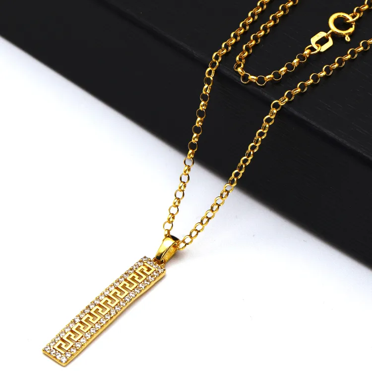 Real Gold Maze Hoop Luxury Stone Bar Pendant with Hollow Rolo Chain 0106 CWP 1783