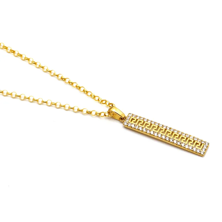 Real Gold Maze Hoop Luxury Stone Bar Pendant with Hollow Rolo Chain 0106 CWP 1783
