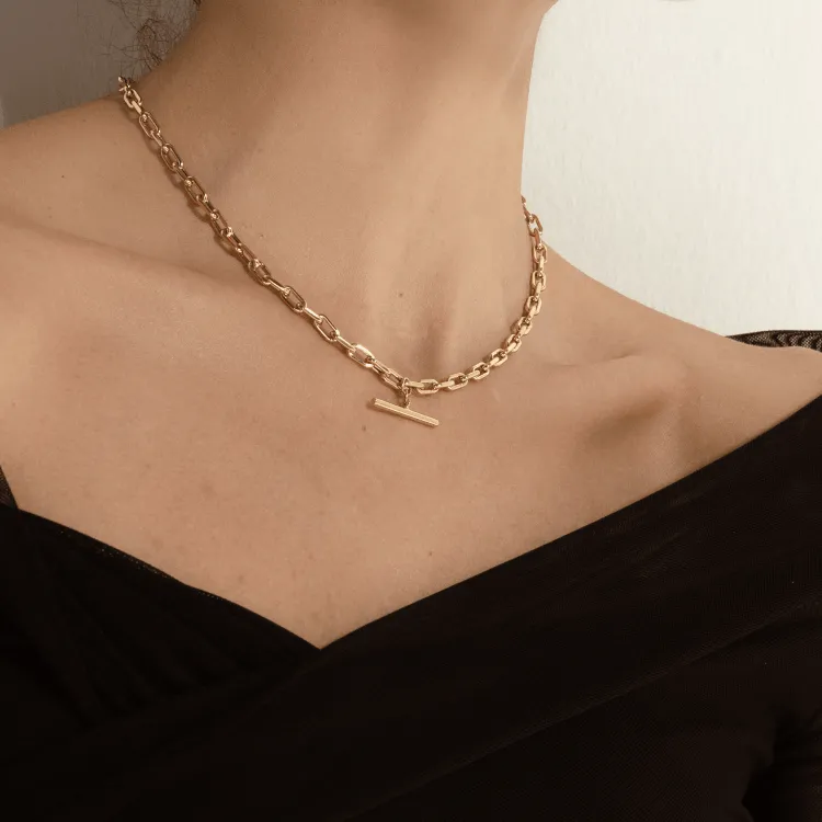 Real Gold Willow T-Bar Rod Hanging with Thick Solid Paper clip Link Necklace 1850 N1416
