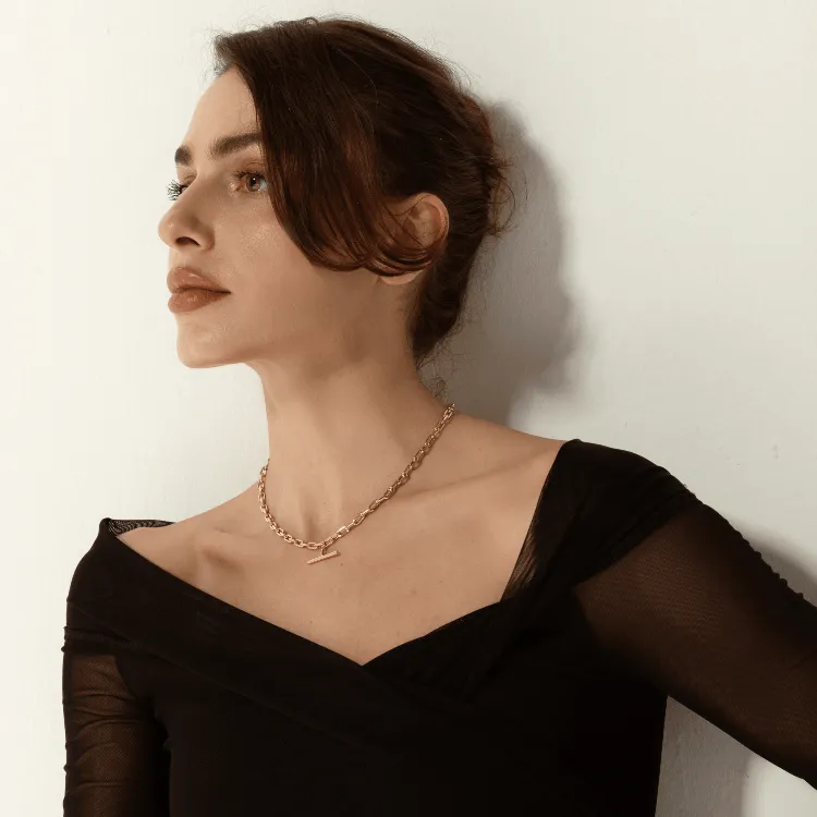 Real Gold Willow T-Bar Rod Hanging with Thick Solid Paper clip Link Necklace 1850 N1416